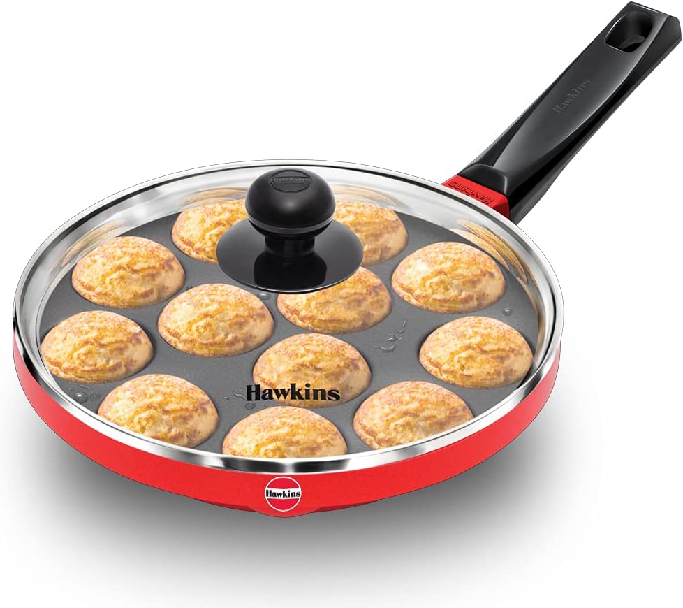 HAWKINS Nonstick Appe Pan with Glass Lid, 12 Cups, Diameter 22 cm, Black (NAPE22G), Standard
