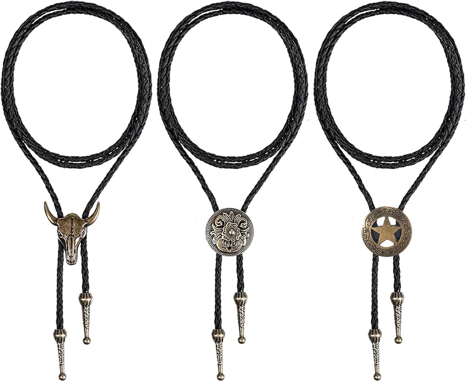 3 Piece Cowboy Necklace, Bolo Tie Set for Men and Women, Western Cowboy Accessories for Halloween and Retro Style, Includes Star, Bull Head, and Pattern Designs in Antique Bronze Finish