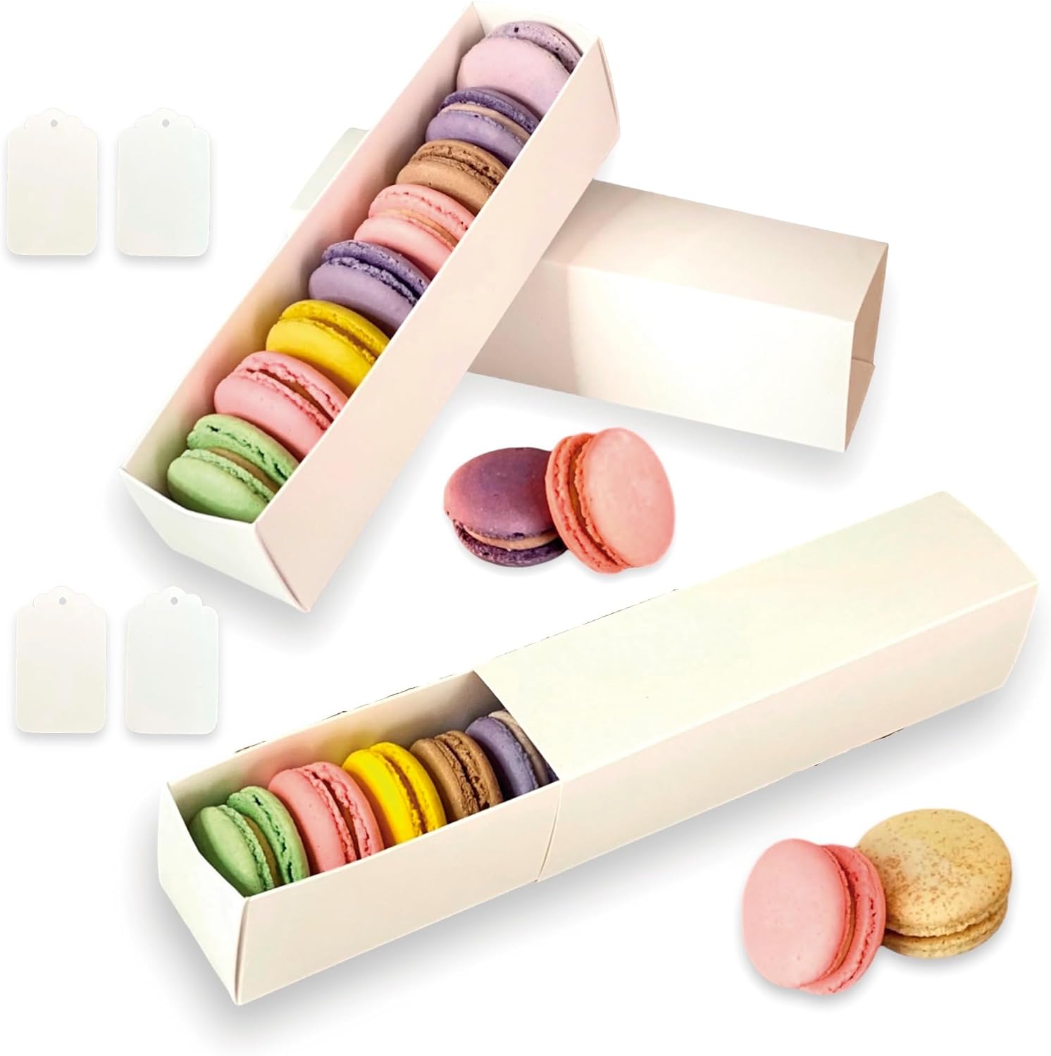 12 Pcs Macaron Boxes for 6-8 with White Sleeves 8.26x1.97x1.97 Inches - Oreo Cookie, Covered Strawberries Gift Boxes, Perfect for Wedding Favors, Party Treats, Macarons Containers