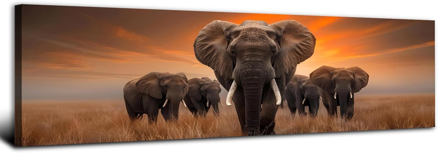 Elephant Wall Art African Wild Animal Picture for Living Room Sunset Wildlife Wall Decor Bedroom Vintage Nature Grassland Landscape Painting Canvas Prints Artwork Office Kitchen Home Decoration 14x48"