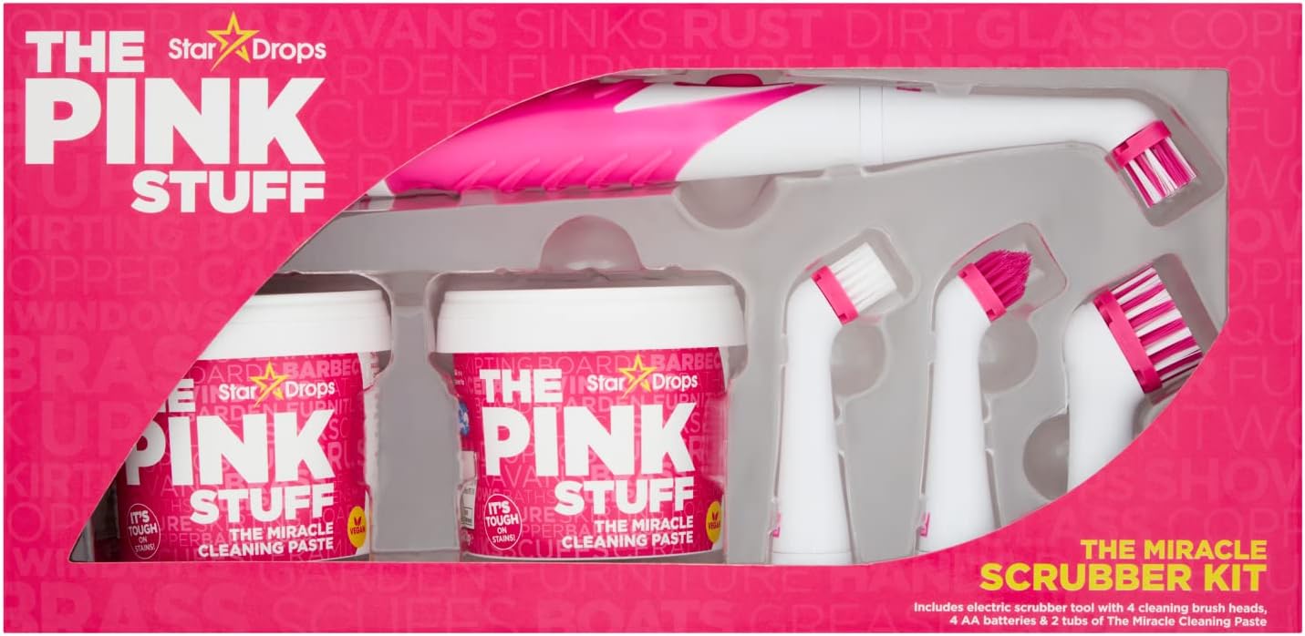Stardrops - The Pink Stuff - The Miracle Scrubber Kit - 2 Tubs of The Miracle Cleaning Paste With Electric Scrubber Tool and 4 Cleaning Brush Heads