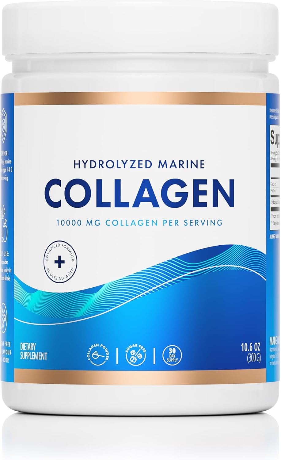 Swedish Nutra Marine Collagen 10,000 mg Powder, 300 g, 30 Day | 10,000mg Type 1 & 3 pure marine collagen peptides powder for healthy hair, skin, nails & joints; unflavored, natural