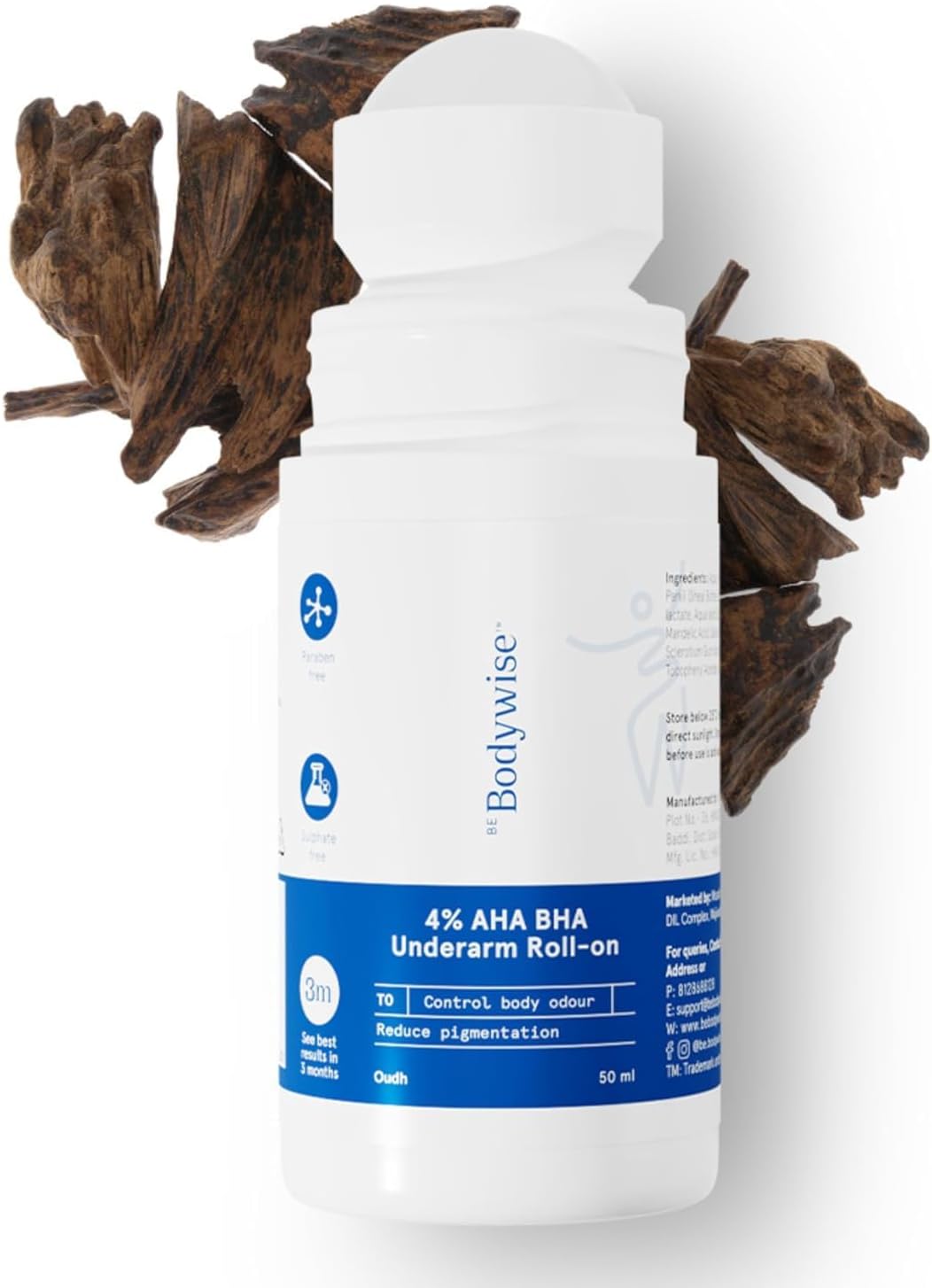 Be Bodywise 4% Aha Bha Underarm Roll On 50ml | 2% Lactic Acid, 1% Mandelic Acid, 1% Salicylic Acid | Controls Odour & Reduces Pigmentation | 0% Alcohol & 0% Aluminium | Oudh Fragrance