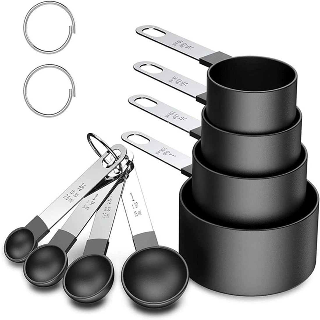 Measuring Cups and Spoons Set of 8 Pieces, Nesting Measuring Cups for Measuring Dry or Liquid Ingredients, Small Teaspoon with Plastic Head for Cooking Kitchen (Black)
