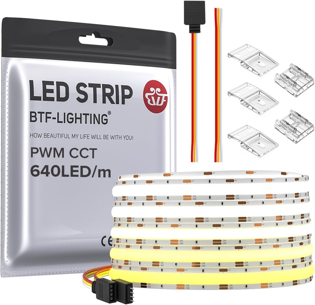 BTF-LIGHTING FCOB COB LED Strip CCT Flexible High Density 16.4FT 640LED/m Tunable 3000K-6000K CRI 90+ Dimmable Light Ribbon for Bedroom Kitchen Indoor Decoration DC24V(No Adapter or Controller)