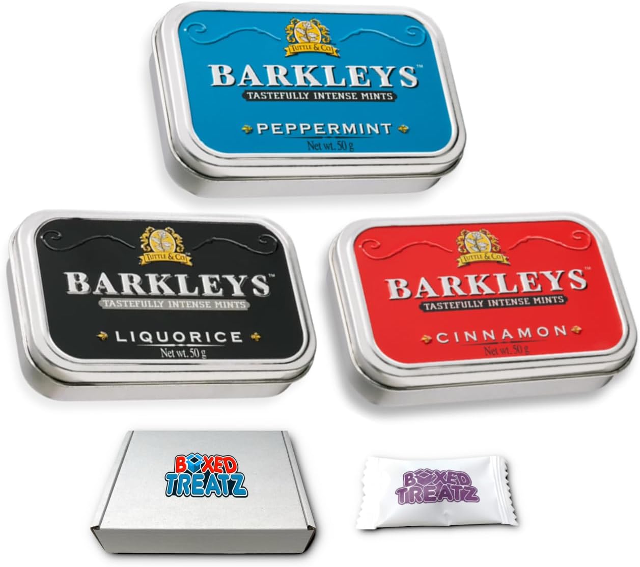 Barkleys Mint Bundle of 3 Tins 50g Each – Peppermint, Cinnamon & Liquorice Mints – Strong Premium Breath Mints Gift Set – Pocket Travel Mint Sweets Boxed Treatz
