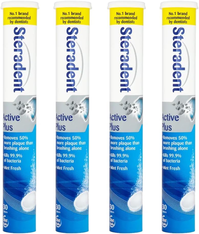 4 Pack Active Plus Denture Cleaning Tablets - 120 Tablets, False Teeth Cleaner, Retainer, Denture & Mouth Guard Sterilising Tablets, Multipack Bundle for Fresh Hygiene and Stain Removal
