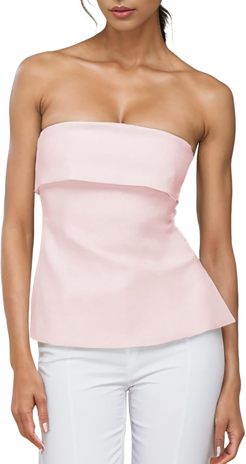 Strapless Tube Tops for Women Backless Going Out Bandeau Top Sexy Trendy Off Shoulder Side Split Summer Bustier Tops