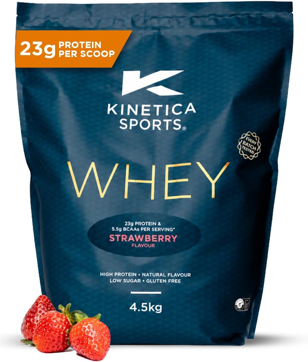 Kinetica Sports Whey Protein Powder - Strawberry, 4.5 Kg, 150 Servings | 23g Protein, 5.5g BCAA Amino Acid & 4.32g Glutamine | Recovery Shake for Optimum Nutrition | WADA & Informed Sport Approved