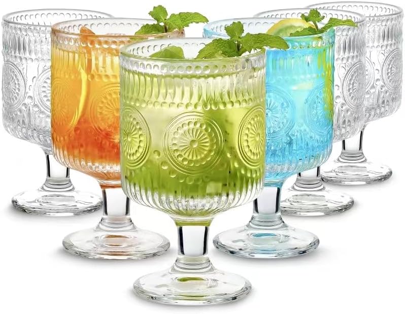 6 Packs Vintage Goblet Glasses, 8 oz Wine Glasses, Embossed Floral Glass Cups Set, Clear Drink Glasses, Drinking Goblets, Bar Tumbler Glassware for Iced Tea, Wine, Beer, Juice, Cocktail, Whiskey