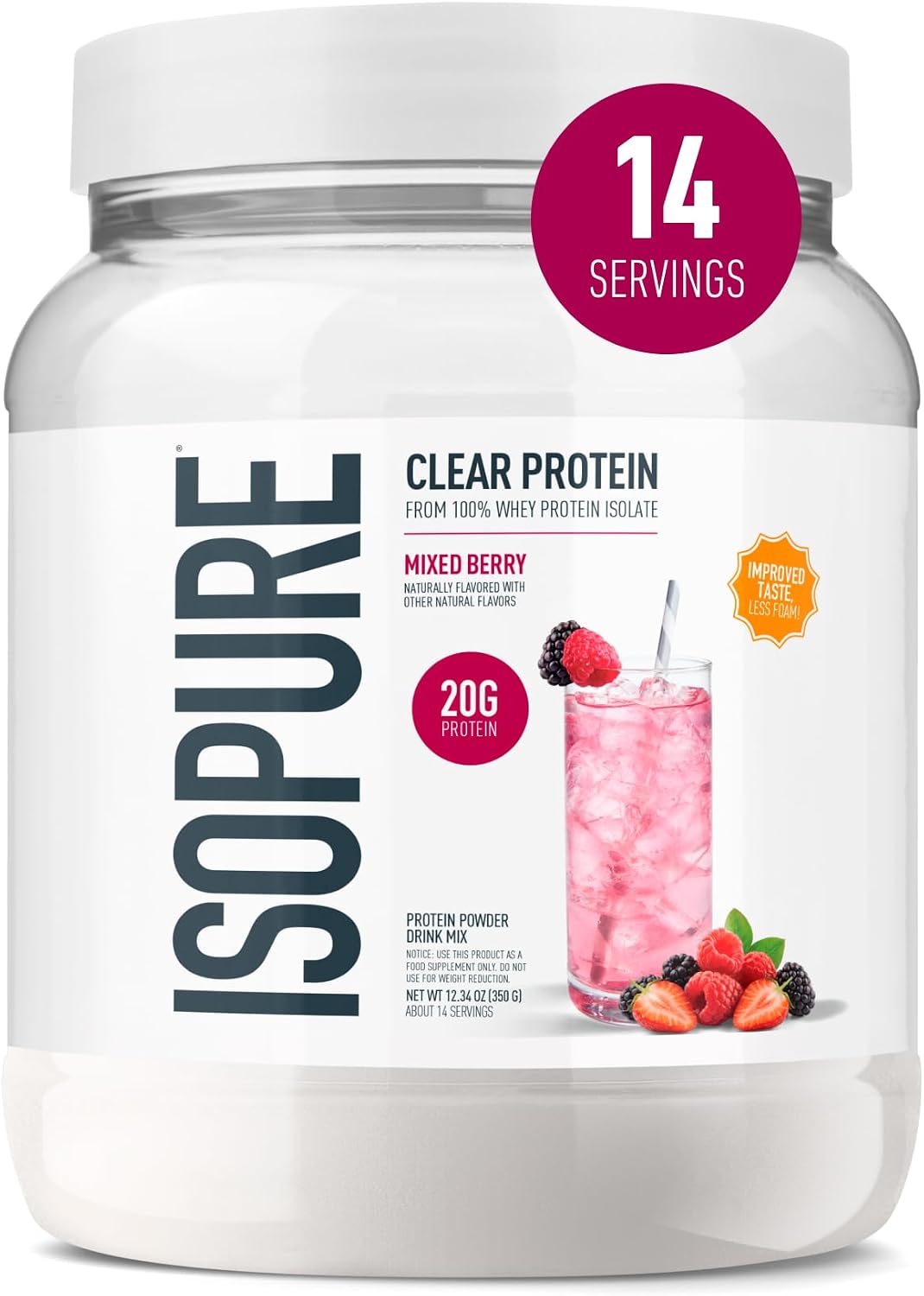 Isopure Clear Whey Isolate Protein Powder, Mixed Berry, 14 Serving