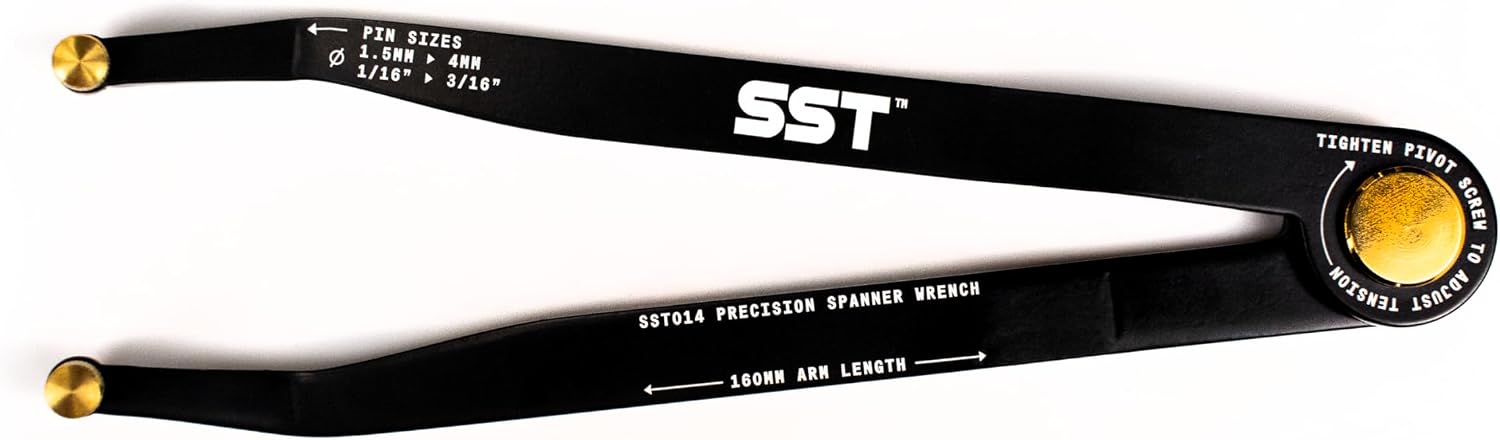SST® - Precision Spanner Wrench – For Obscure Hardware & Fasteners – Includes 12 Metric & Imperial Steel Pin Sizes – Adjustable Tension – 160mm Arm – 180° Movement – With Storage Case