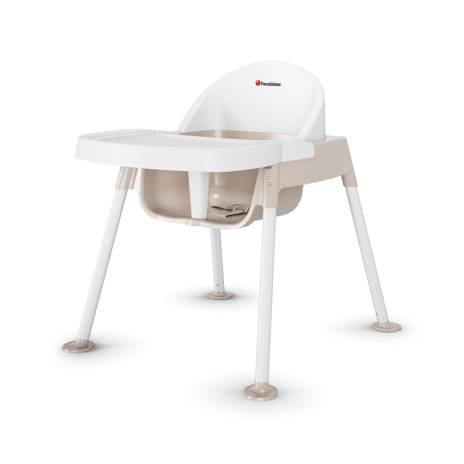 Foundations Secure Sitter 13" Feeding Chair, Stable “No Tip” Feet, 3-Point Adjustable Harness, Removable Tray, Easy to Clean, Smooth Plastic (White/Tan)