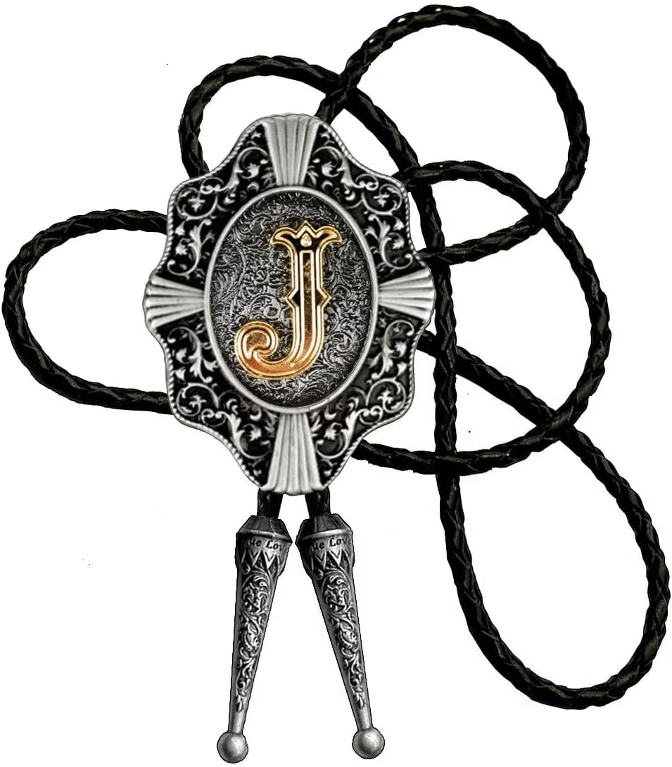 Moranse Golden Initial Letters in Flower Nursery Cowboy Bolo Tie with Cowhide Rope