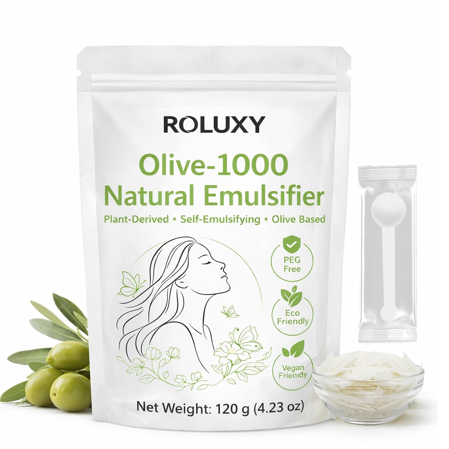 ROLUXY Olive-1000 Natural Emulsifier | 100% Pure Emulsifying Wax 120g (4.23oz) | PEG-Free, Self-Emulsifying for DIY Skincare & Haircare, Cetearyl Olivate & Sorbitan Olivate | Olivem 1000 Emulsifier | 100% Pure Emulsifying Wax