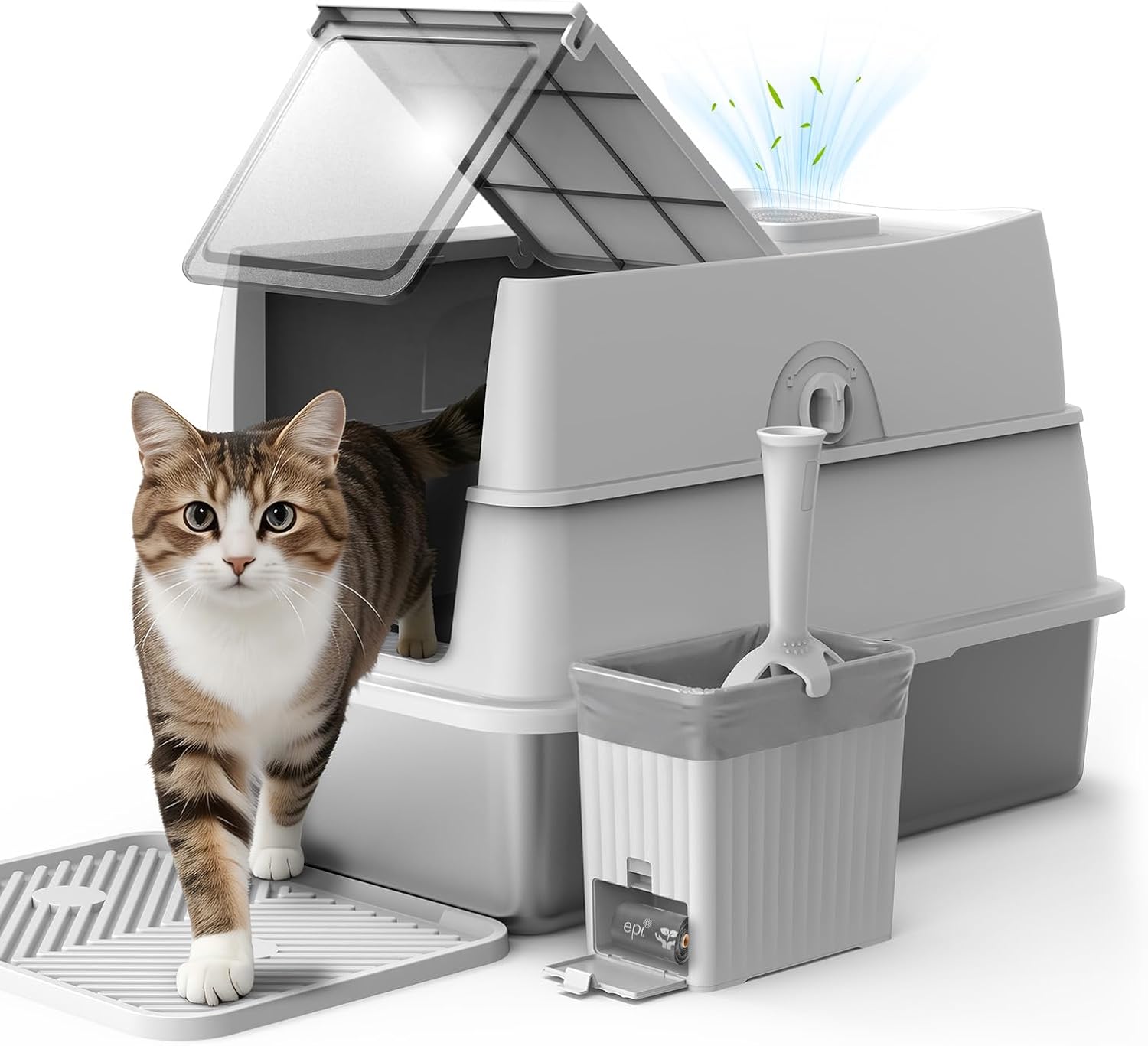 FURTIME XXL Stainless Steel Cat Litter Tray with Lid, 58x38x38cm(Grey)