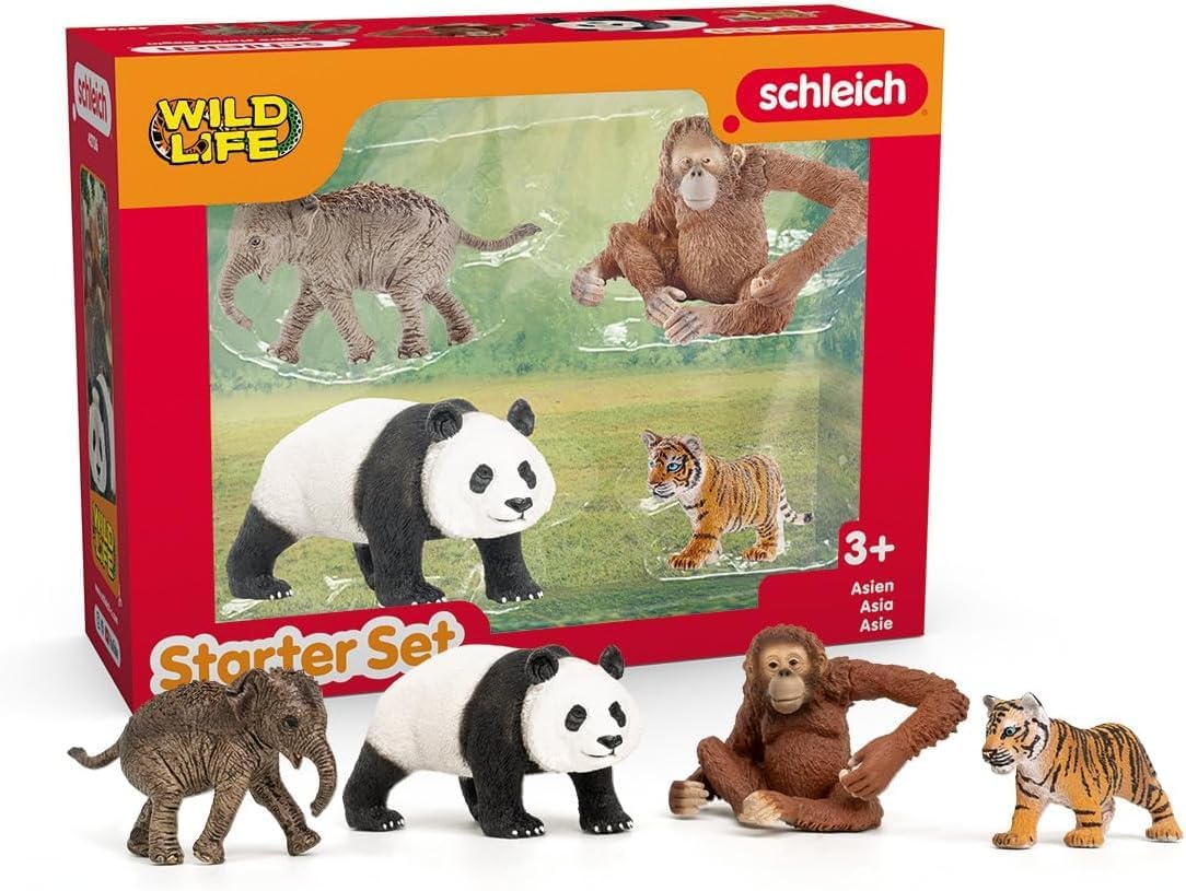SCHLEICH Wild Life Asia Starter Set - 4-Piece Miniature Wildlife Animal Set - Featuring Elephant Calf, Giant Panda, Orangutan, and Tiger Cub - Kids Ages 3+ | 42736