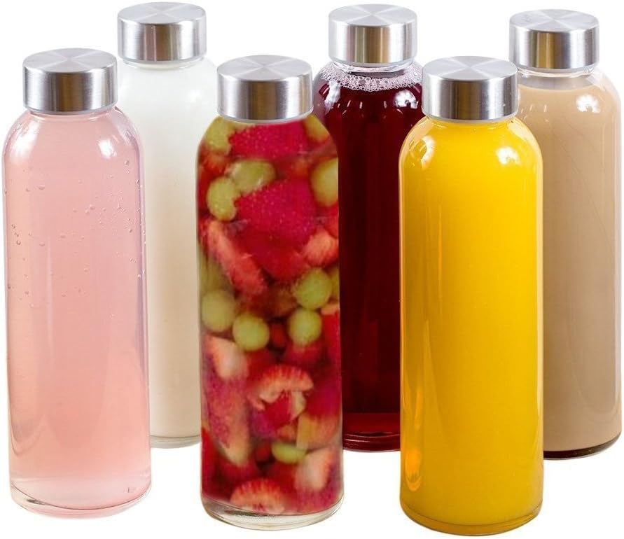 Brieftons 18 Oz Clear Borosilicate Glass Water Bottles With Caps, 6 Pack, Heat Resistant, Slim, Easy to Store, Reusable Drinking Bottle, Sauce Jar, Juice Beverage Container, With Leakproof Lids