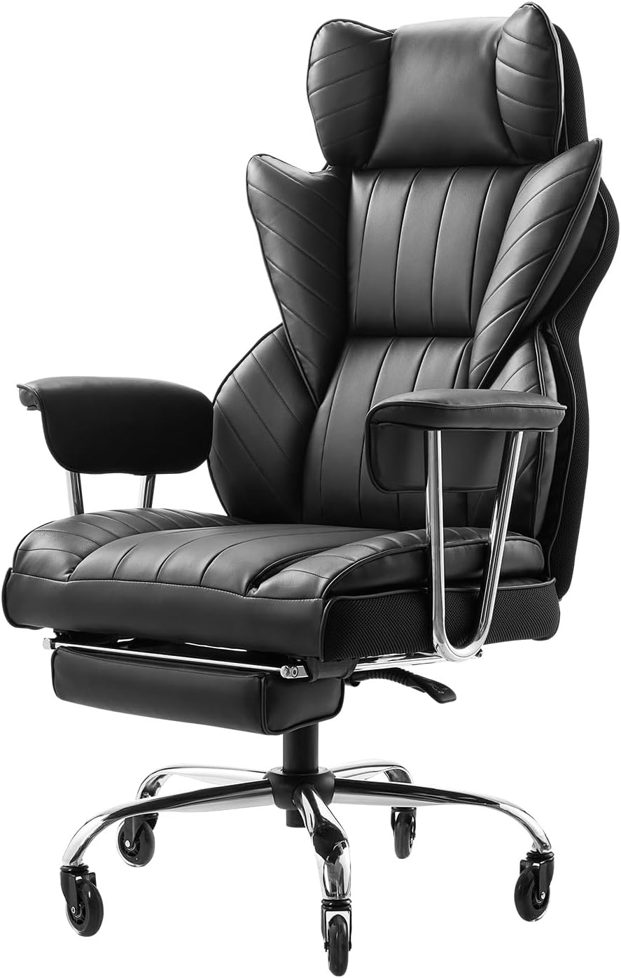 VEVOR Executive Office Chair with Footrest, 400lb Capacity Oversize Office Chair with Lumbar Pillow & Removable Armrests, Heavy Duty Ergonomic Chair, PU Leather Reclining Home Office Desk Chair, Black