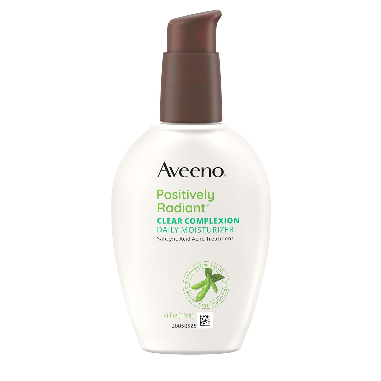 Aveeno Positively Radiant Clear Complexion Face Moisturizer, Acne Facial Moisturizer with Soy and Salicylic Acid for Oily Skin, Hypoallergenic Formula, Paraben-Free, Non-Comedogenic, Pump, 4 FL OZ