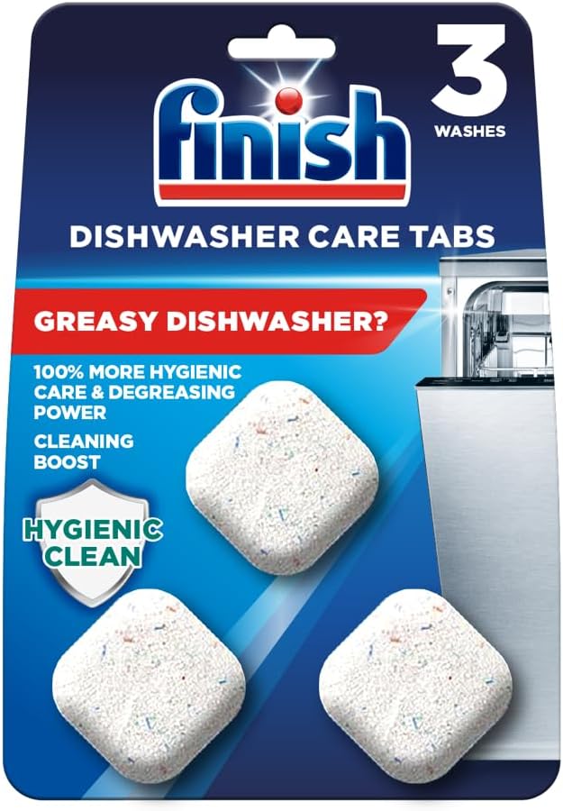 Finish, Dishwasher Cleaner, In-Wash Tablets, 3 Tabs, Cleans Hidden Parts, 100 Percent more Grease Removal Actives than Detergent alone