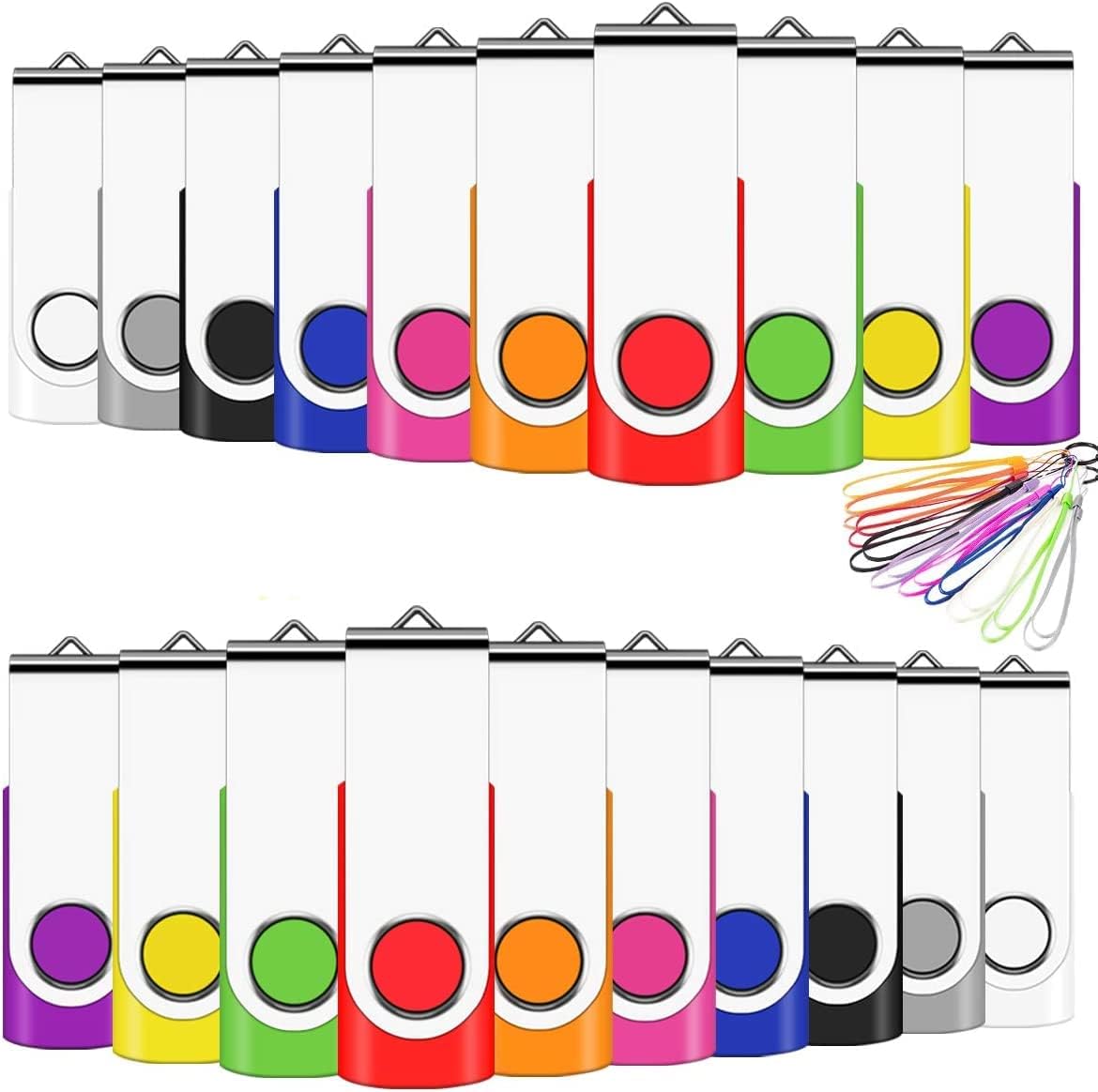 USB Memory Stick 2GB Bulk 20Pack USB Sticks 2GB USB2.0 Flash Drive Swivel Design Pen Drive (Mixed Color With Lanyard)