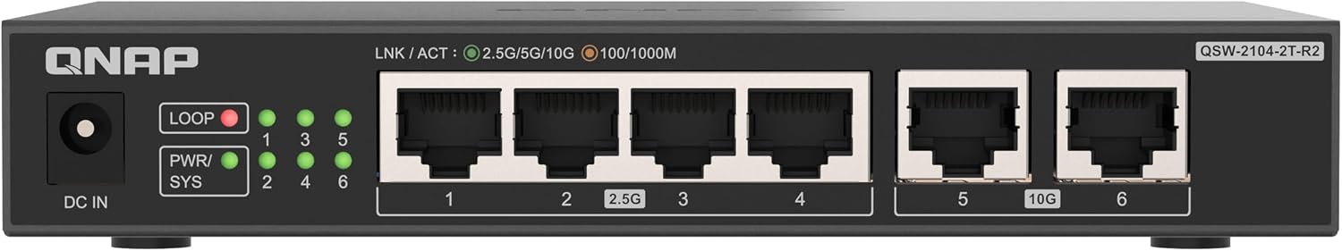 QNAP 4-port 2.5GbE and 2-port 10GbE Multi-Gig unmanaged switch. Affordably upgrade to high-speed networking (QSW-2104-2T-R2)