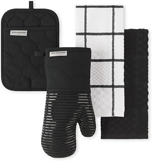 KitchenAid Quilted Cotton Terry Cloth Oven Mitt, Pot Holder Heat Resistant, 16"x26", 7"x13" & 7"x10", Onyx Black