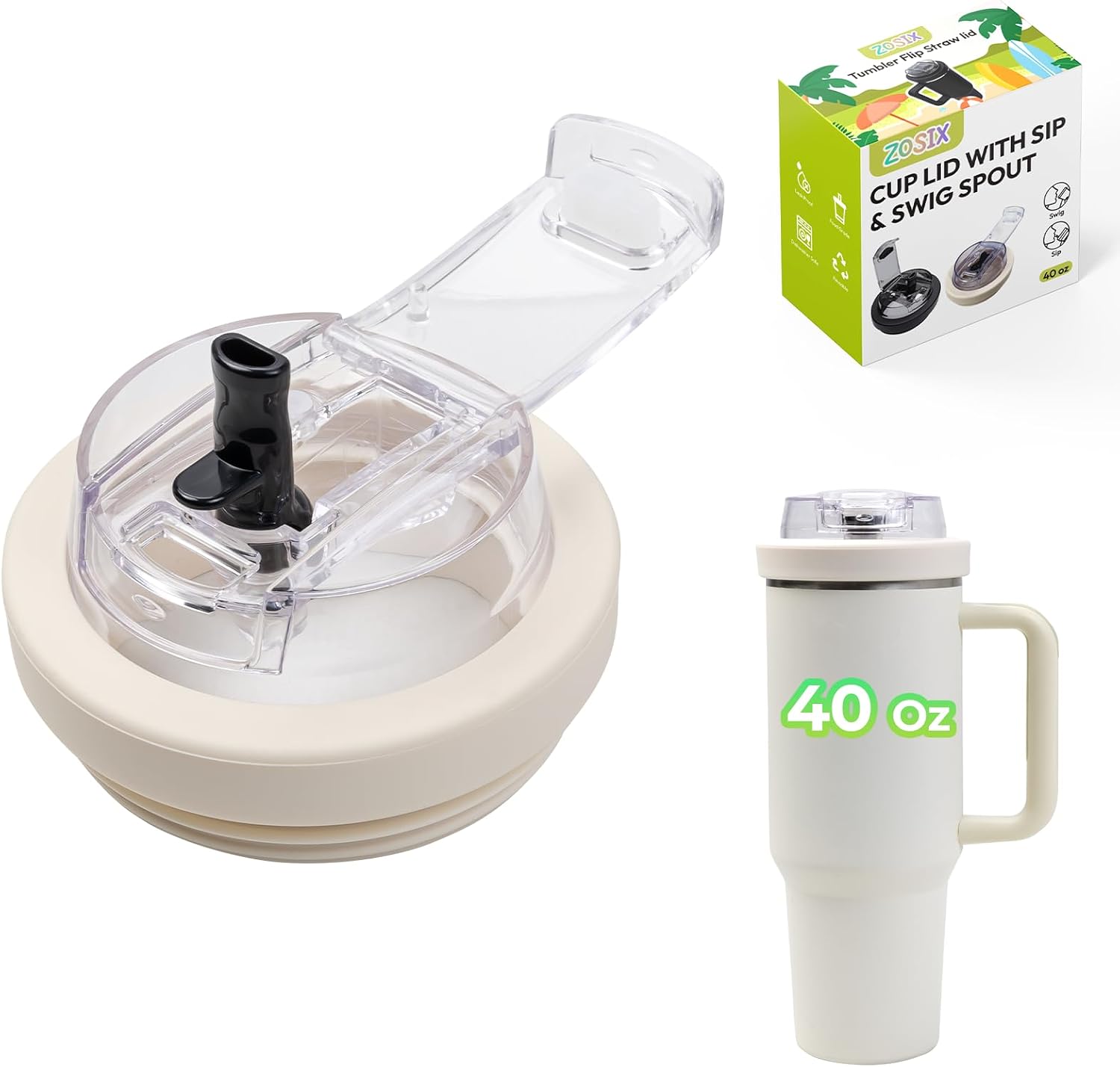 ZOISX Designed for Stanley 40 oz Flip Straw Lid, [2 Drinking Ways] Cup Lid Replacement for Stanley 40 oz, Dishwasher Safe Leak proof Spill Proof Tumbler Lid, Cream