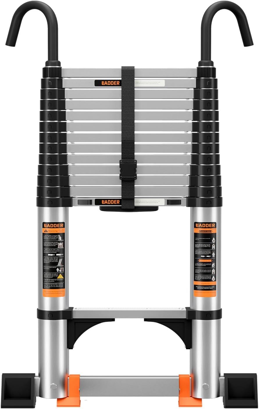 Telescoping Ladder Aluminum with stabilizer bar，Lightweight Multi-Purpose Extension Ladder，Telescopic Ladder，Portable Extension Ladder, 330lbs Max Capacity,Collapsible Ladder for RV Home or Outdoor