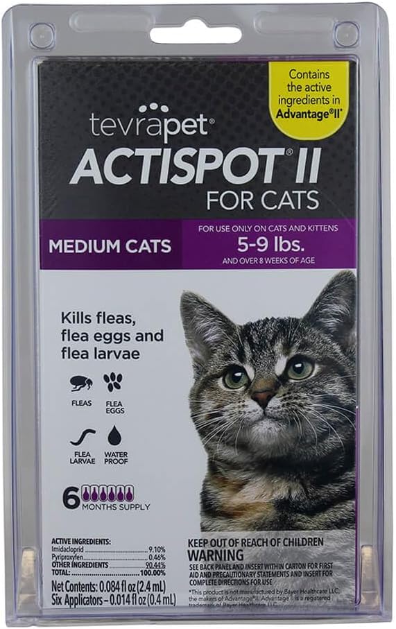 TevraPet Actispot II Flea Treatment for Small and Medium Cats 5-9 lbs | 6 Doses | Powerful Prevention and Control, Clear