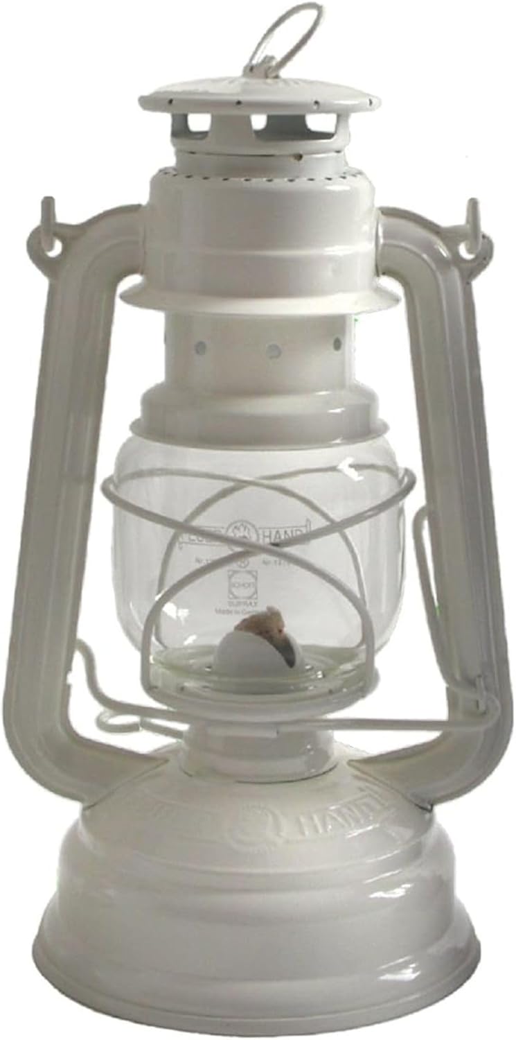 Feuerhand 276 Outdoor Hurricane Oil Lantern - German-Made Since 1893, Paraffin Lamp with Galvanized Steel, 300ml Tank, 20 Hour Burn Time, Safe for Hanging or Table Use, Kerosene Camping Light, White