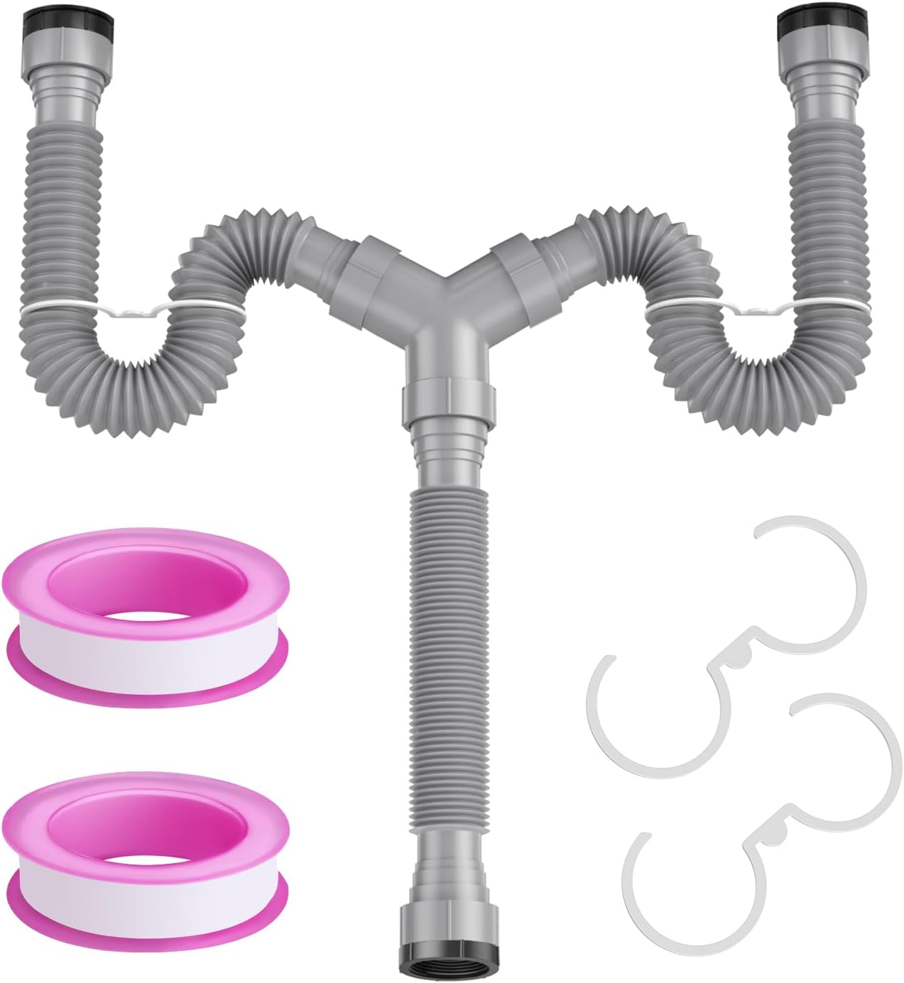 Double Sink Drain Pipe Kit - Expandable Flexible P-Trap for 1 1/2" or 1 1/4" Drains, Complete with Connectors and Adapter, Adjustable Installation, Ideal for Kitchen, Bathroom(Grey)