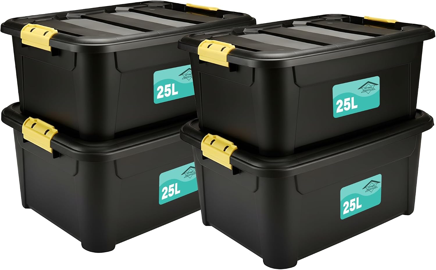 Pack Of 4 Plastic Storage Boxes Black, Heavy Duty Multi-Purpose Indoor & Outdoor Stackable Strong Container Lid Yellow Lock Clip Handles Home, Office School Arts & Crafts Nestable (25 Litre)