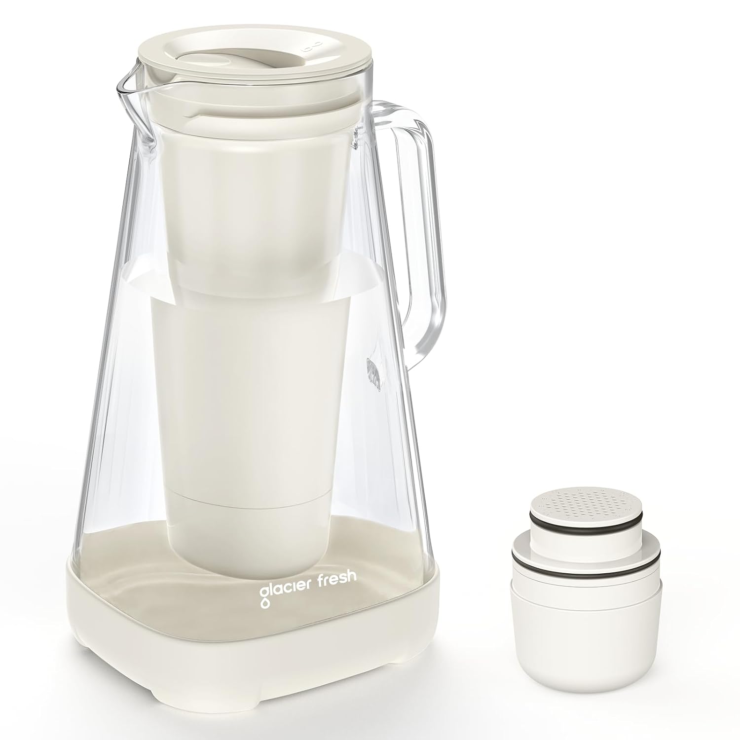 GLACIER FRESH Glass Water Filter Jug, 2.5L, with Silicone Base Protector and Multiple Filtration, Reduces Chlorine, PFOA/PFOS, Limescale, Improves Water Taste, BPA-Free, White