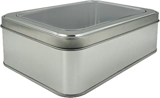 Silver Rectangular Tin Container With Clear Lid, Single Piece Multipurpose Tin, Festive Tin Box for Gift Giving, Cookies, Stationery & More - 7.25 x 5.25 x 2.25 Inches