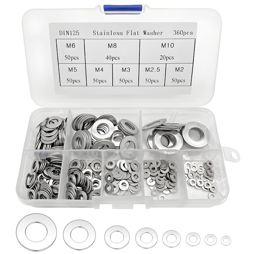 360PCS Stainless Steel Washers- 8 Sizes (M2/M2.5/M3/M4/M5/M6/M8/M10) |Rustproof Flat Metal Washer's for DIY, Automobile and Marine |Flat Washers for Bolts and Screws
