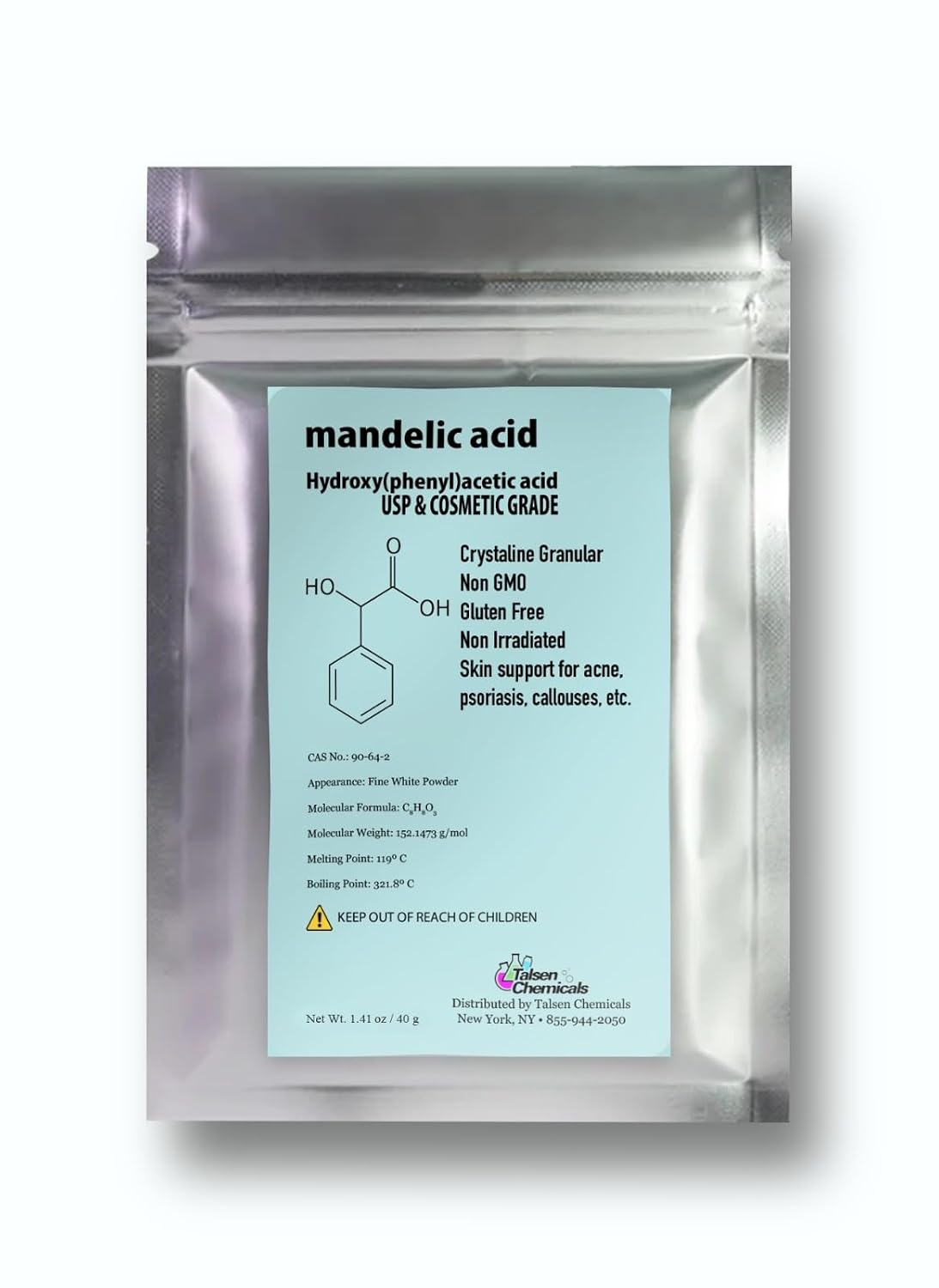 Mandelic Acid Powder 99.9% Purity, Cosmetic Grade DIY Skincare Ingredient for Serums, Masks, Creams & Lotions and Moisturizers (1.41 Ounce / 40 Gram)