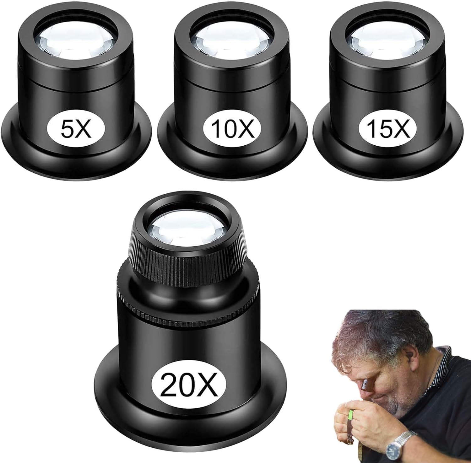 4PCS Jewellers Loupe Eye Loupe Magnifier Jewellers Loop Jewellers Magnifying Glass Watchmakers Eye Glass Professional Monocular Loupe Magnifie Watch Jewelry Experimental Repair Tool(5x 10x 15x 20x)