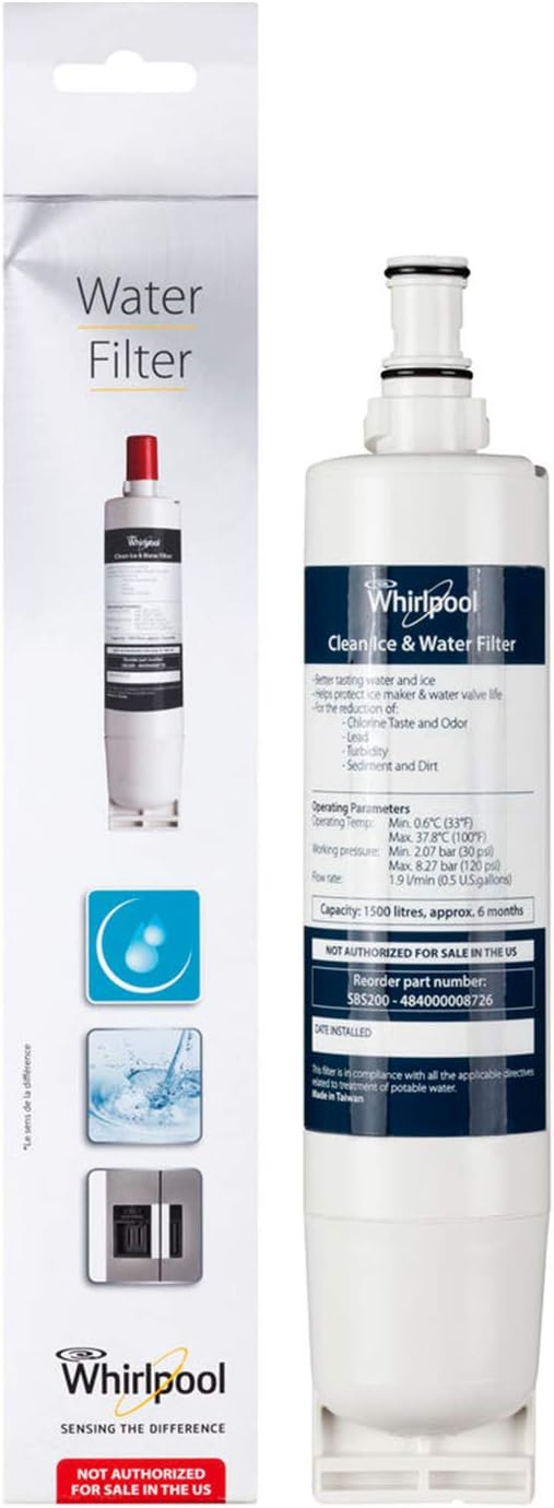Whirlpool SBS200 Side-by-Side Refrigerator Water Filter, 0.287 kg, Activated Carbon, 6x6x30 cm, 6 Months, 1500 Liters, NSF Certified, White