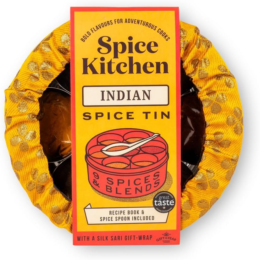 Spice Kitchen Indian Spice Tin, 9 Premium Indian Cooking Spices with Award-Winning Garam Masala and Hand Sewn Silk Sari Cover