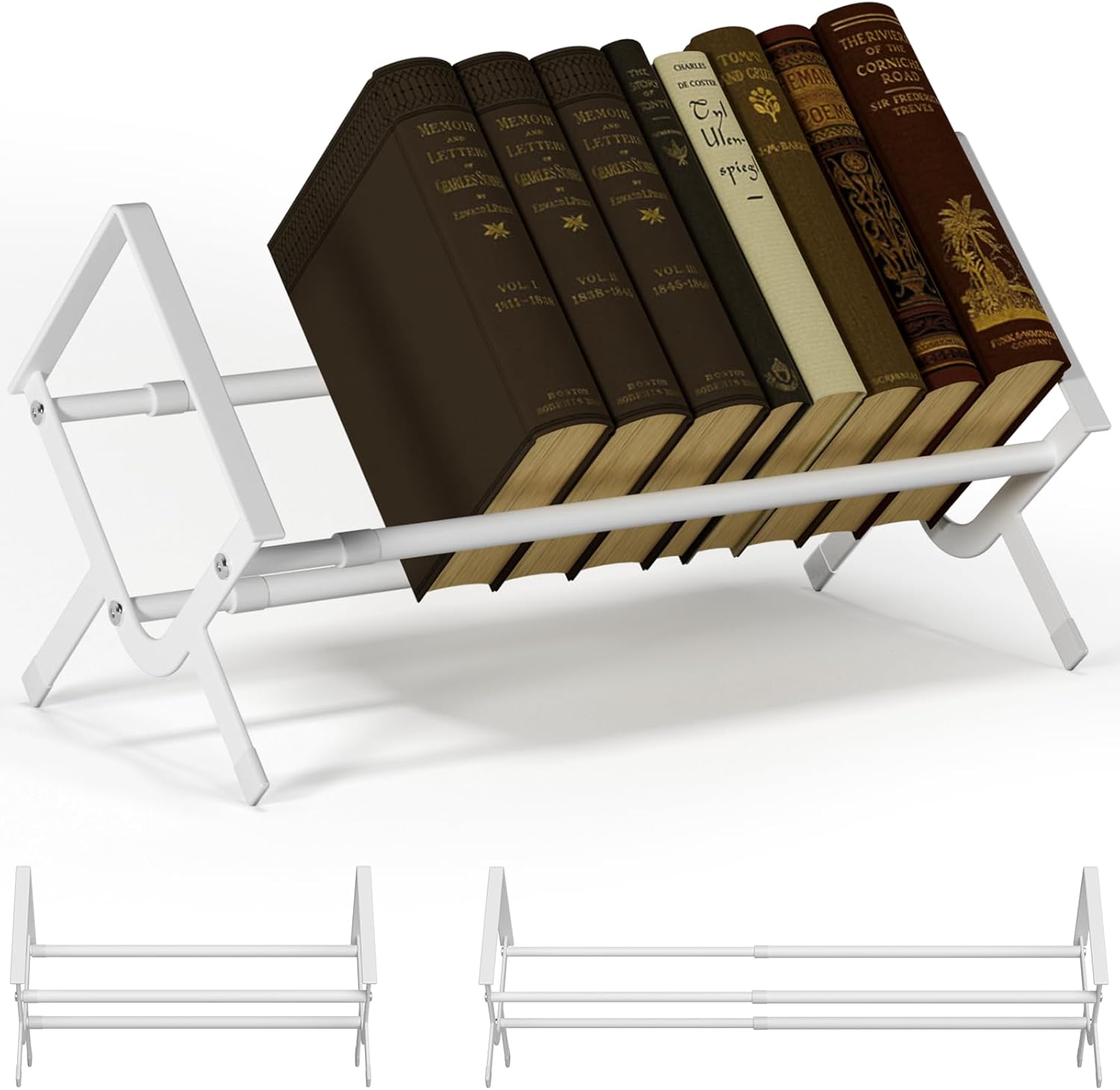 VACONICO Expandable Desktop Bookshelf, Metal Desk Bookshelf, Adjustable Book Rack Shelf Organizer, Stable Bookshelves Storage Rack, Tilting Bookcase for Books/CDs/Magazine Display (White, 29.3 inch)