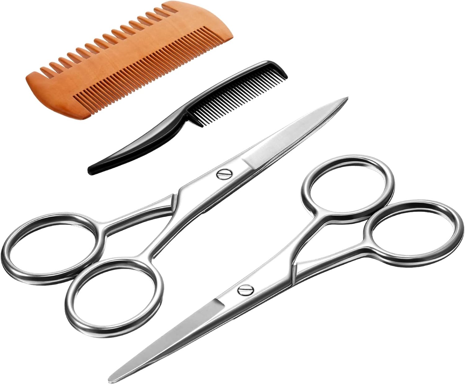 TecUnite 4 Pieces Mustache Scissors Grooming Kit for Men, Beard Trimmer Set, 2 Small Combs and 2 Scissors Beard Trimming Kit with Storage Bag Box