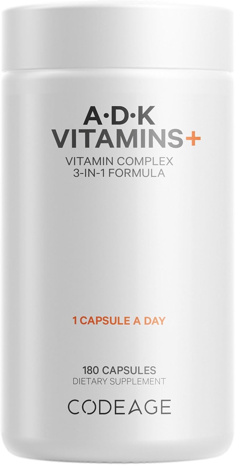 Codeage ADK Vitamins Supplement - Essential Vitamin A, D3 5000 IU, K1 & K2 (MK4 & MK7) - 6-Month Supply - 1 Capsule per Serving, Non-GMO, Gluten-Free - 180 Capsules