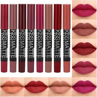 evpct 8Pcs Dark Ruby Red Plum Purple Wine Nude Beige Brown Matte Lipstick and Lip Crayon Liner Pencil Pen Set for Women labial labiales mate magicos 24 horas originales pintalabios permanente 24 horas