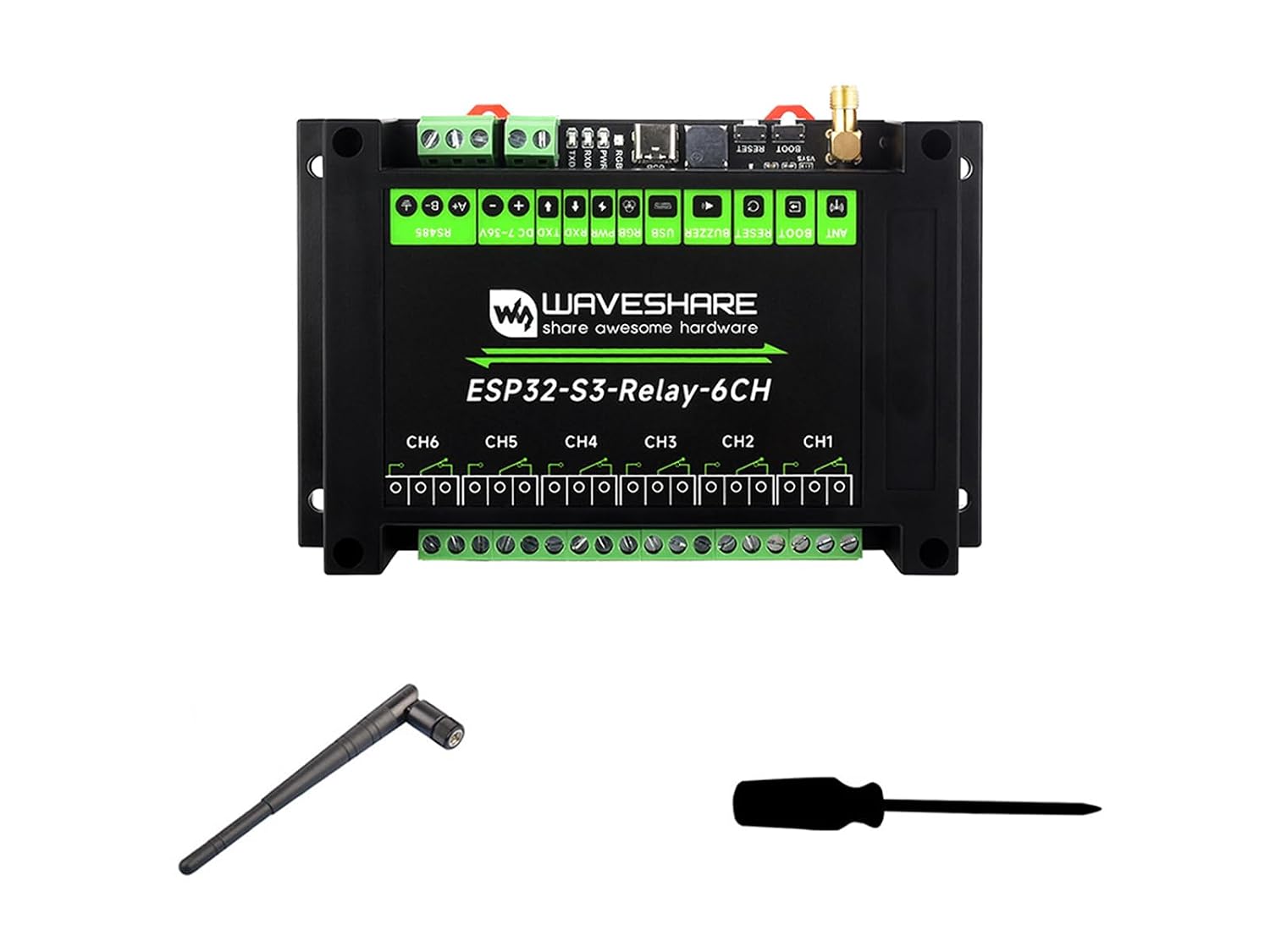 Waveshare Industrial 6-Channel ESP32-S3 WiFi Relay Module, Supports WiFi/Bluetooth/RS485 Control, Onboard RS485 / Pico HAT Interfaces, with Multiple Isolation Protection Circuits