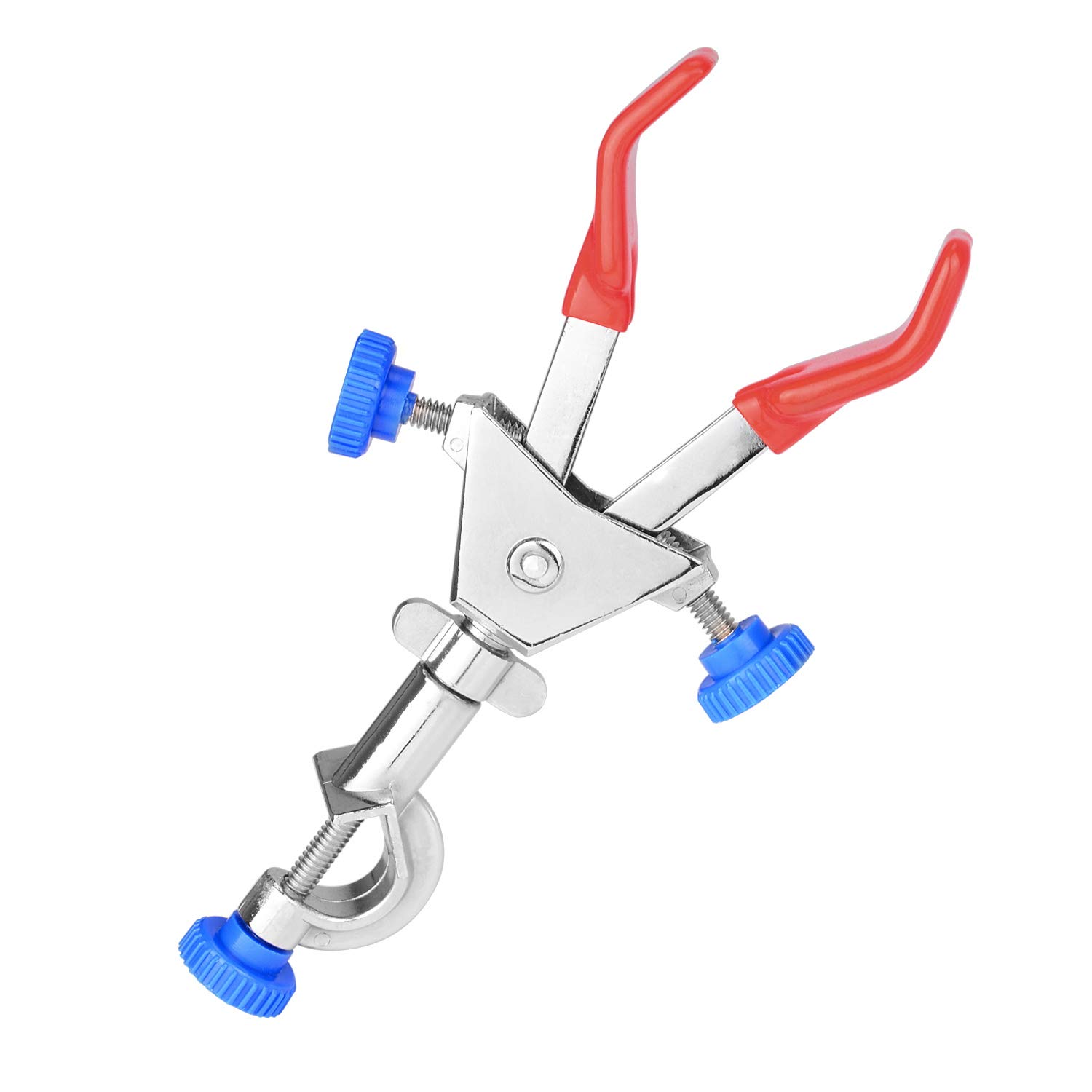 StonyLab 2 Prong Dual Adjust Swivel Clamp, Sturdy 2 Prong Double Adjust Multipurpose 360 Degree Swivel Rubber Coated Clamp with Boss Head for Laboratory Use