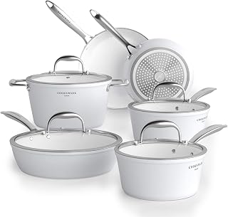 COOKSMARK Nonstick Ceramic Cookware Set, 10 Pieces White Pots and Pans Set with Glass Lids & Stainless Steel Handles, Induction Cookware Set & Dishwasher Oven Safe, Scratch-Resistant