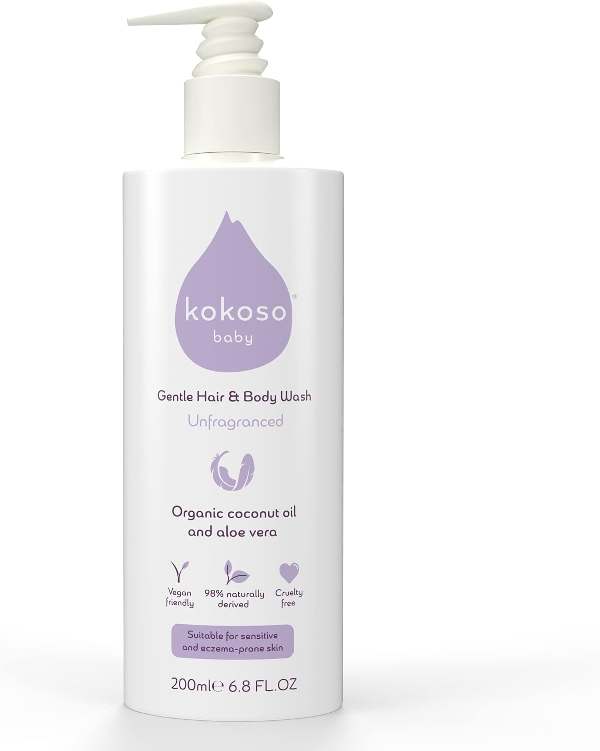 Kokoso - Baby Hair & Body Wash, Unfragranced - Natural Coconut Oil & Aloe Vera - Suitable for Sensitive & Eczema Prone Skin - 98% Naturally Derived, Safe from Birth - 200ml