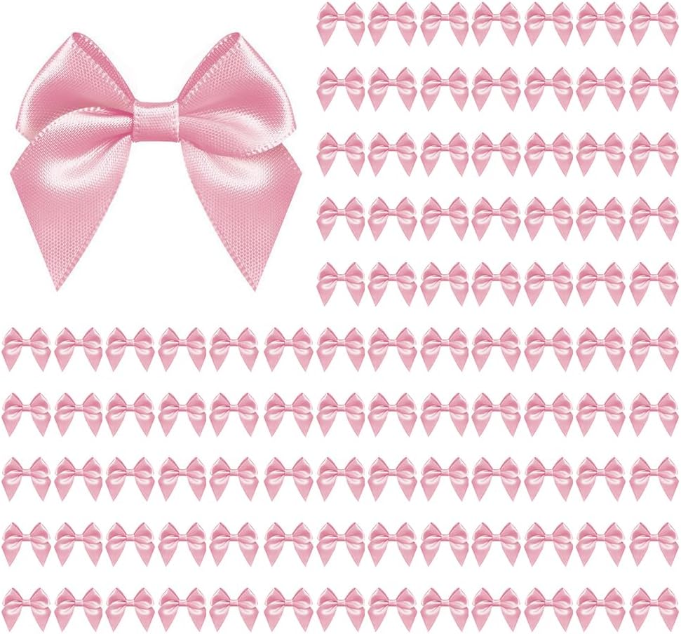 100 PCS Bows for Gift Wrapping, 2.75" Satin Ribbon Bows with Double-Sided Tape, Small Bows for Crafts, Bow Decor, Mini Bows Decorations for Party Baby Shower Birthday Wedding (Pink)